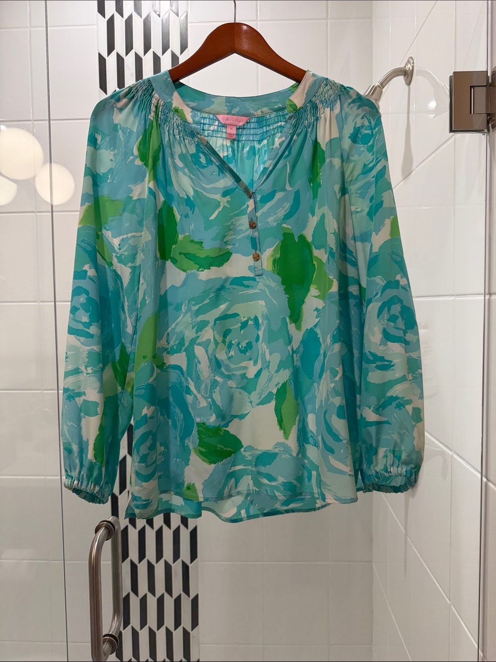 Lilly Pulitzer Aqua & Green Floral Peasant Blouse